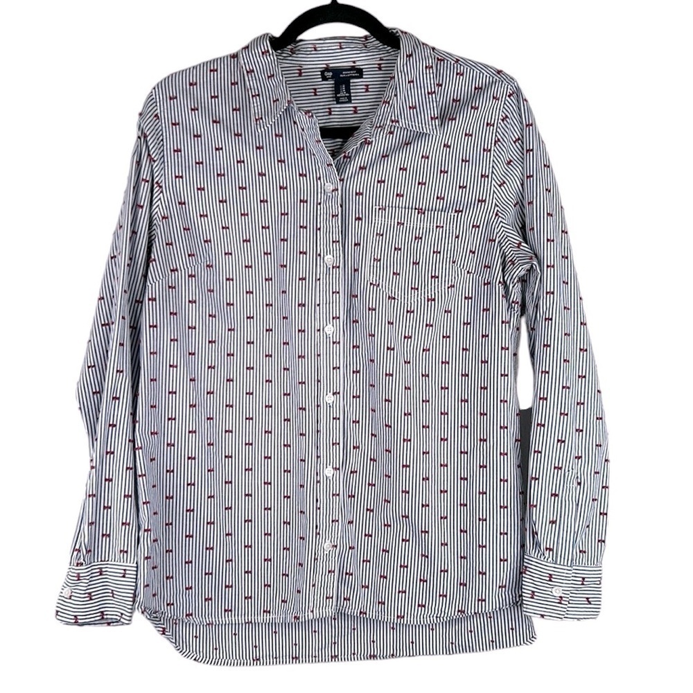 GAP Blue & White Stripe Embroidered Bow Button Down‎ Long Sleeve Top Size Medium